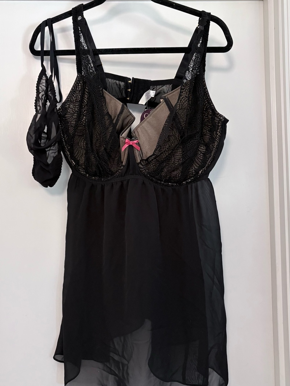 Cacique Black Lace Chemise with Pink Bow Accent